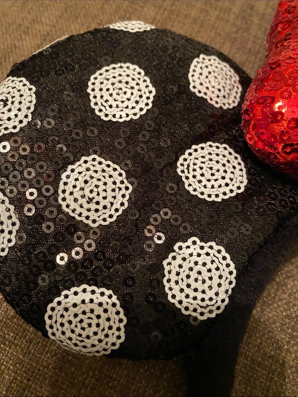 Disney Black Polka Dot Sequin Minnie Ears Headband with Red Bow